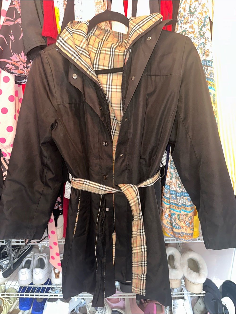 Black Burberry Trench Coat with Plaid Trim and Belt - Picture 1 of 3